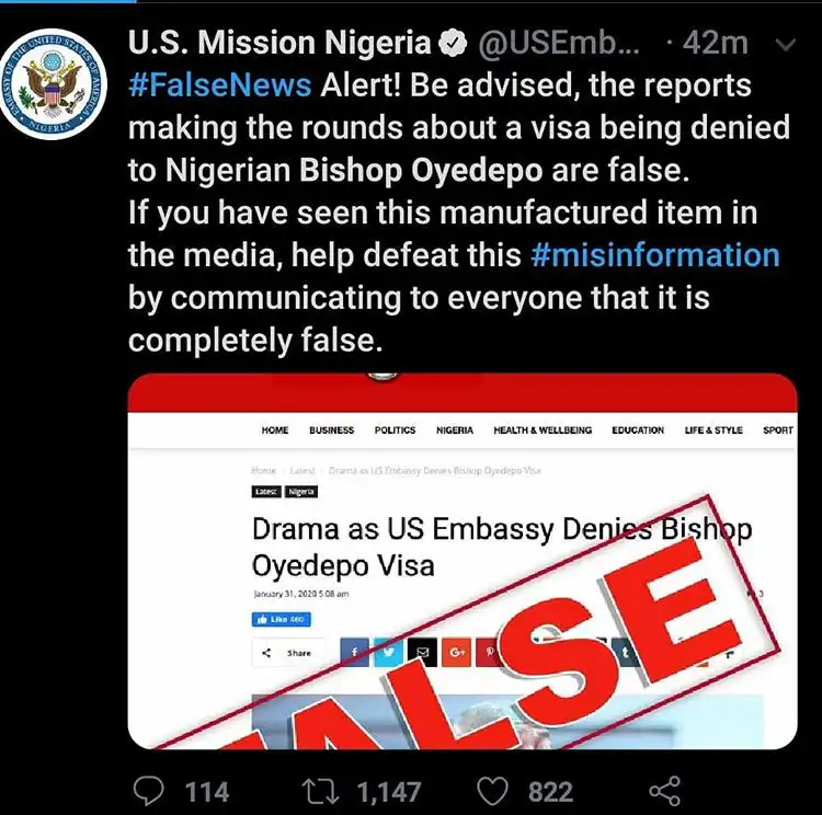 We did not deny Bishop Oyedepo's Visa - US Embassy Finally breaks silence