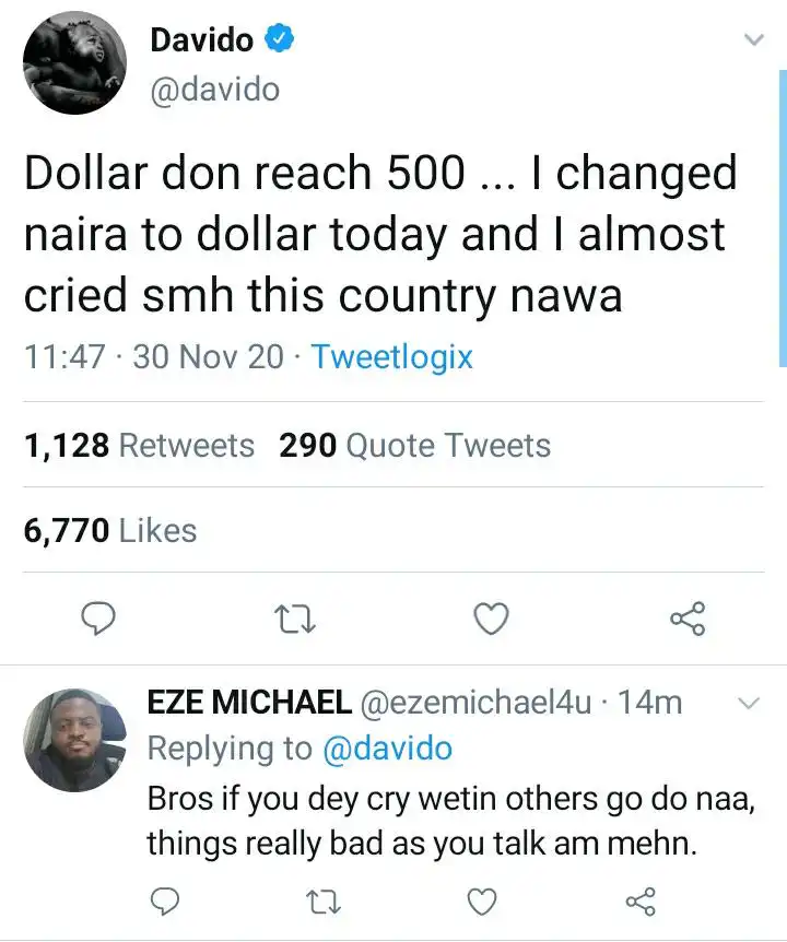 Davido gets emotional over the Over High Dollar Rate In Nigeria