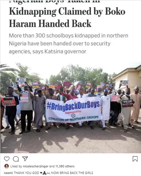 Naomi Campbell urges FG to bring back Chibok Girls after release of 300 schoolboys kidnapped from Katsina school