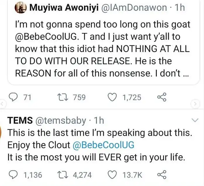Avoid Nigeria for the rest of your life – Tems warn Ugandan singer Bebecool who allegedly instigated their arrest