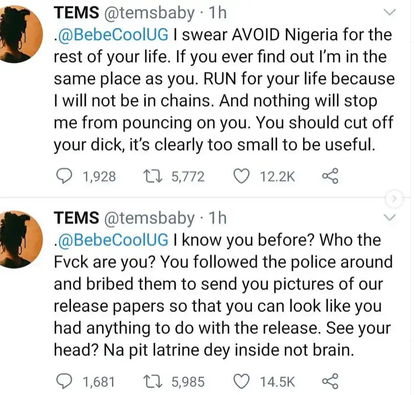 Avoid Nigeria for the rest of your life – Tems warn Ugandan singer Bebecool who allegedly instigated their arrest