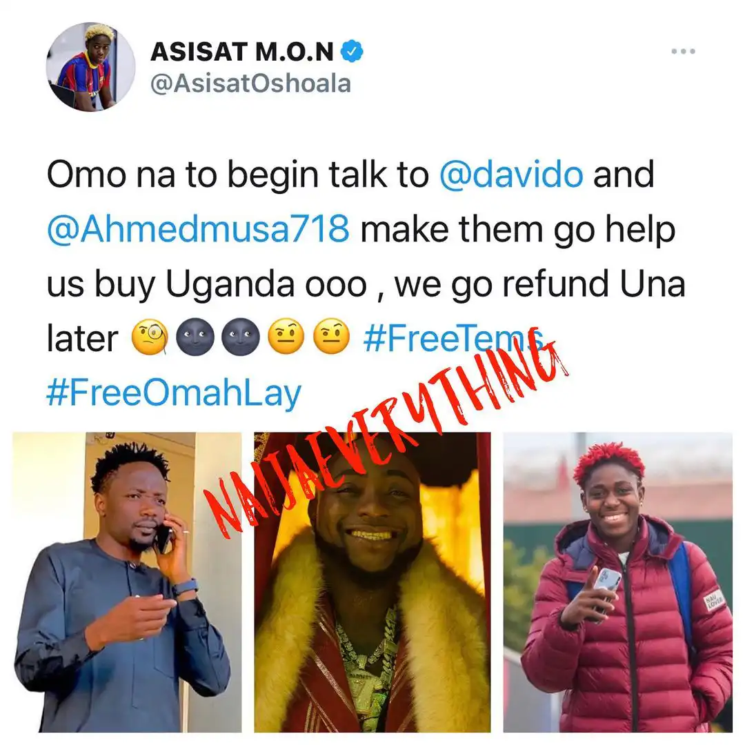 Asisat Oshoala urges Davido and Ahmad Musa to buy Uganda following Tems and Omah Lay arrest