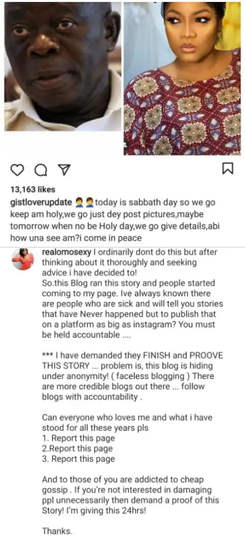Omotola Jalade-Ekehinde calls out popular IG blog who accused her of cheating with Adams Oshiomhole (Read Full Gist)