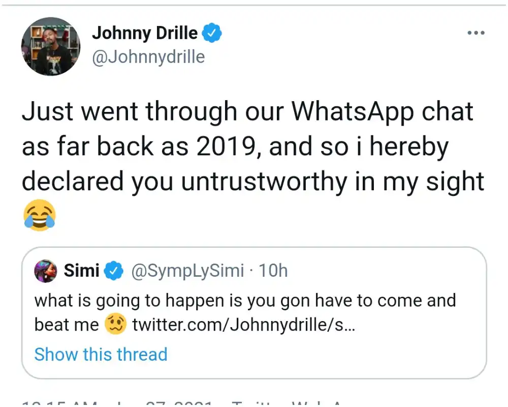 You're untrustworthy in my sight – Johnny Drille tells Simi over her behavior on WhatsApp