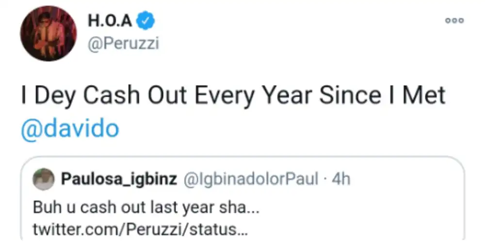 I dey cash out every year since I met Davido – Peruzzi educates a fans (Screenshot)
