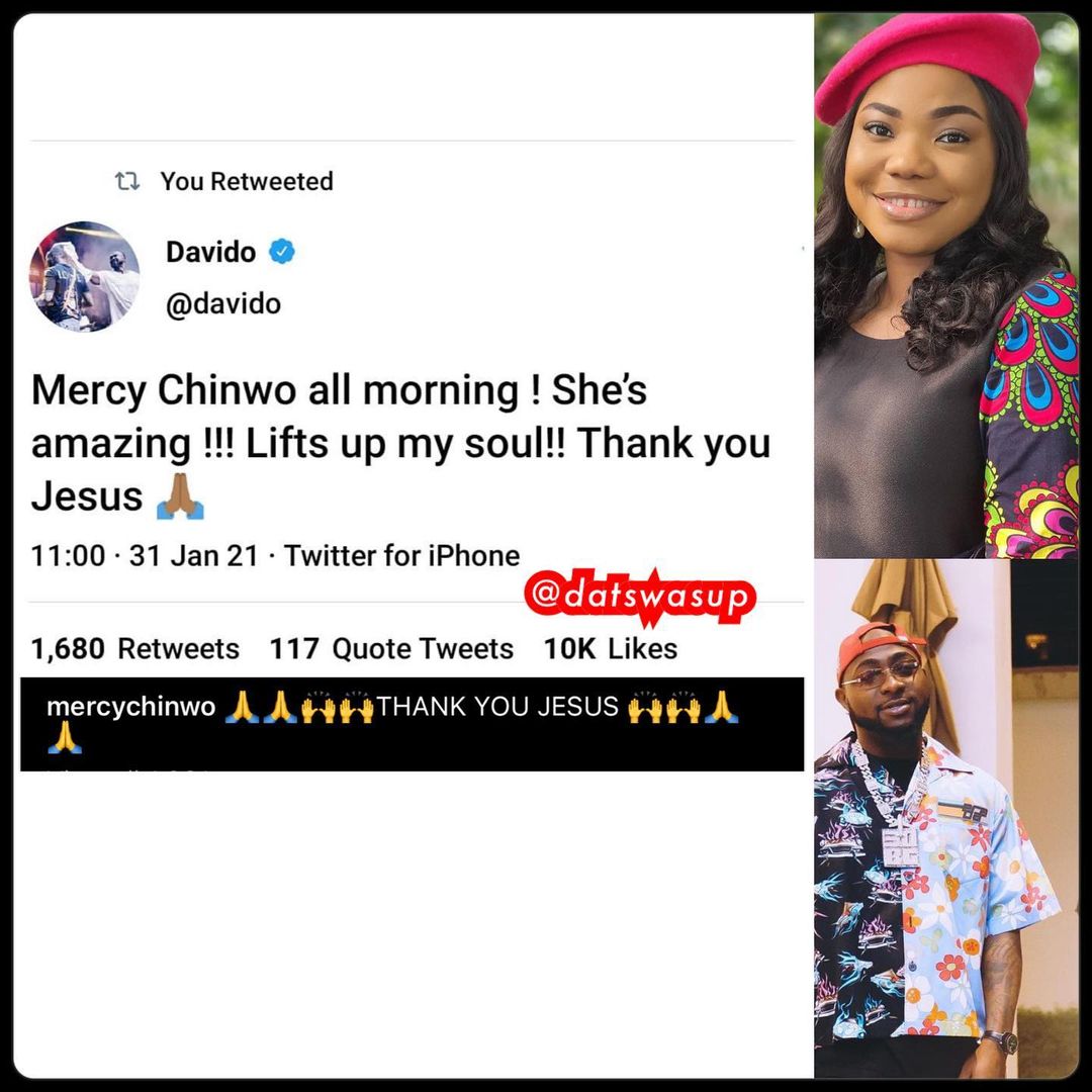 "She's amazing" – Davido showers encomium on popular gospel artist, Mercy Chinwo 2 "She's amazing" – Davido showers encomium on popular gospel artist, Mercy Chinwo