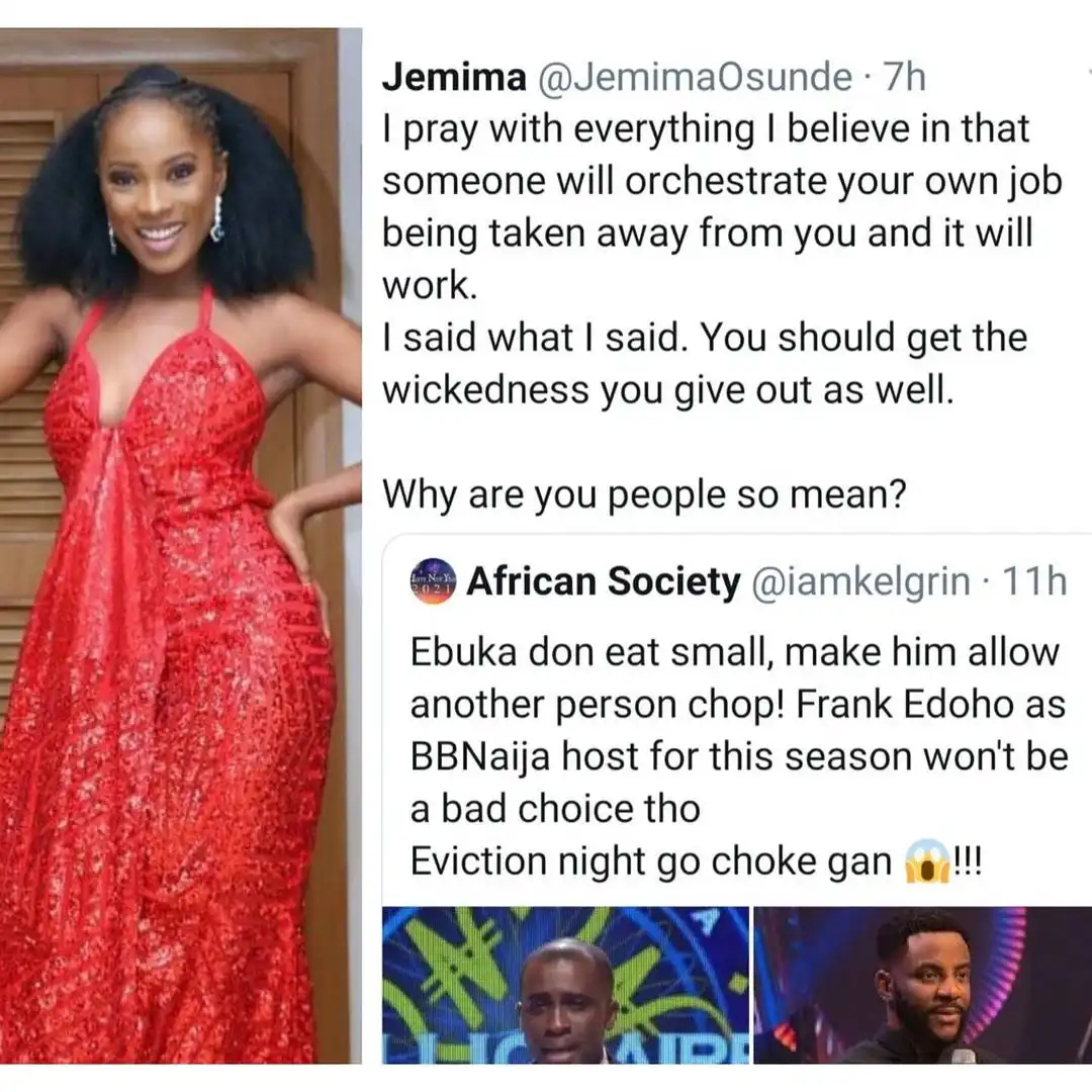 BBNaija 2021: Actress Jemima Osunde curses man who said Ebuka should be removed as host