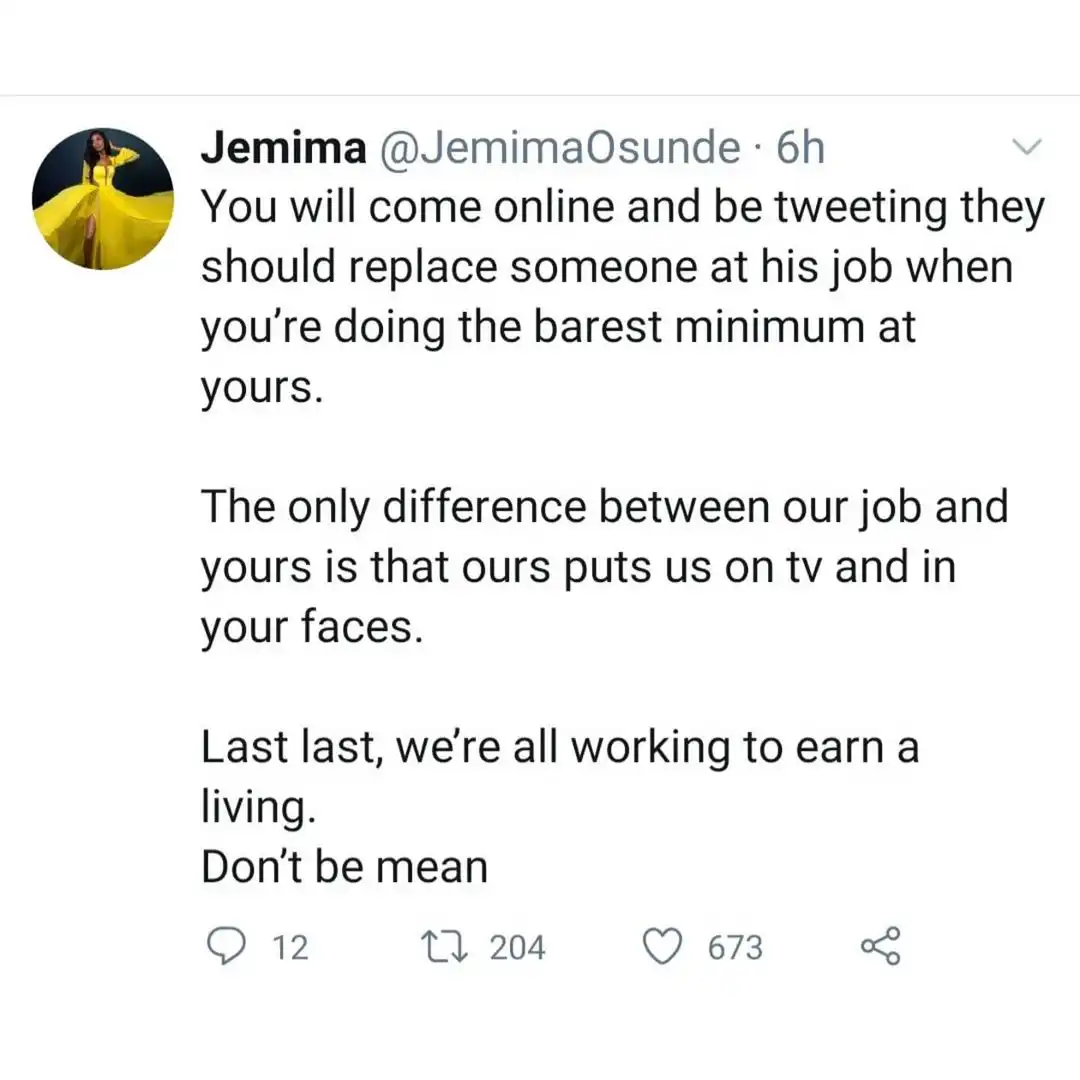 BBNaija 2021: Actress Jemima Osunde curses man who said Ebuka should be removed as host