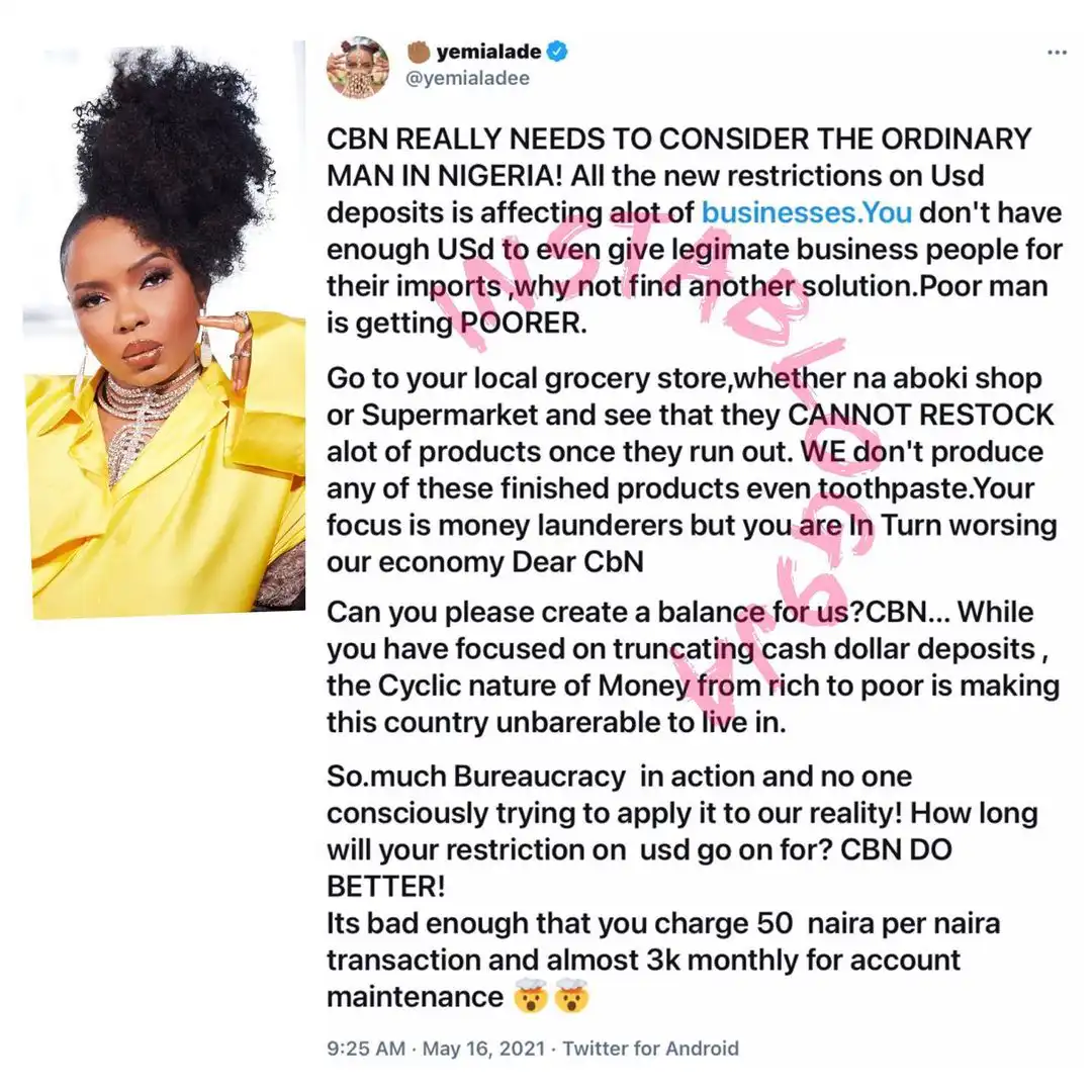 You're making this country unbearable to live - Yemi Alade tackles CBN