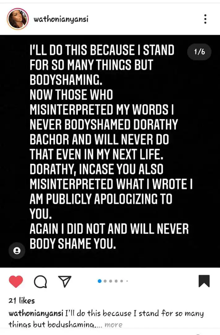 "I never body shamed Dorathy Bachor" - Wathoni (video)