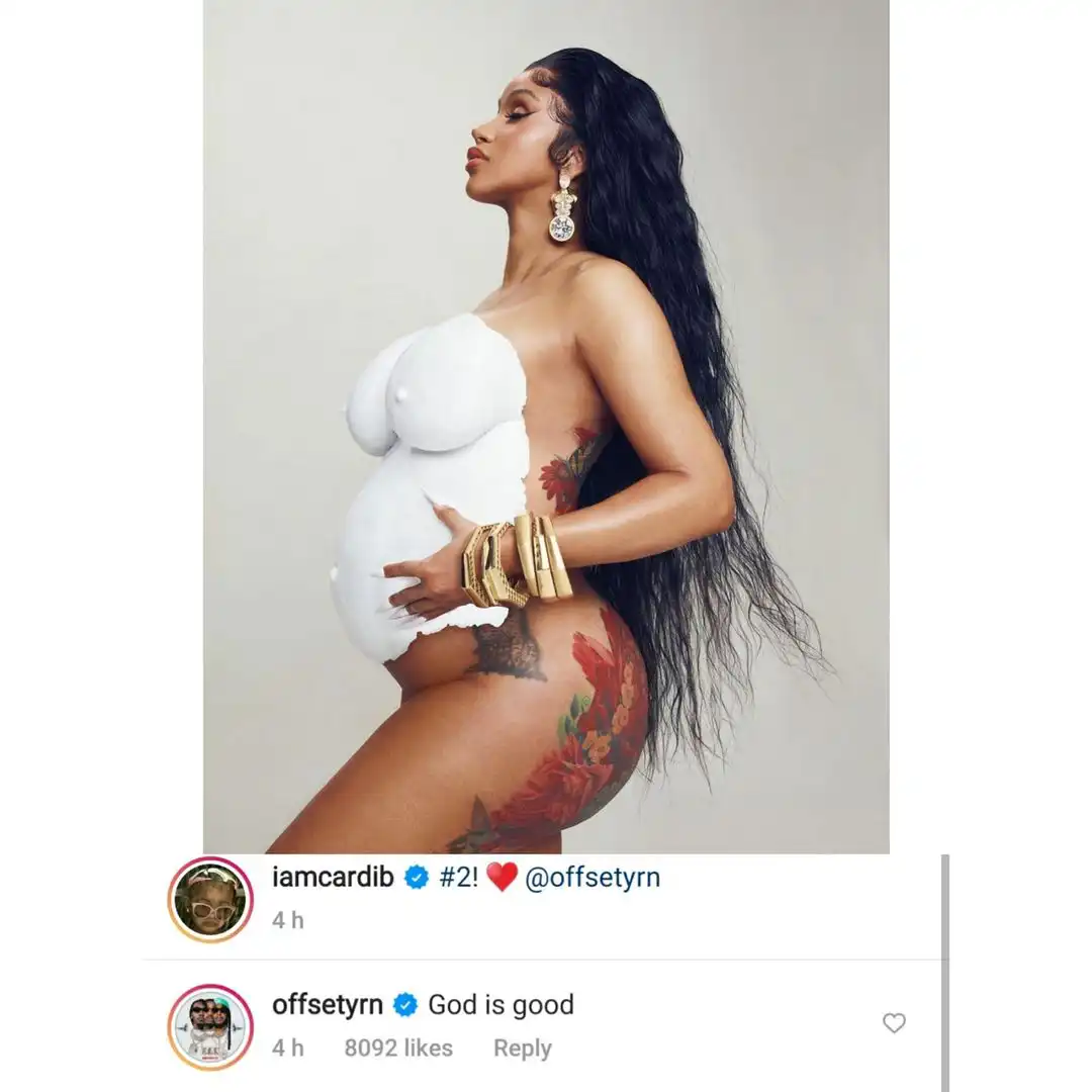 Cardi B reveals she's expecting baby number 2 with Offset, flaunts baby bump (Photo)