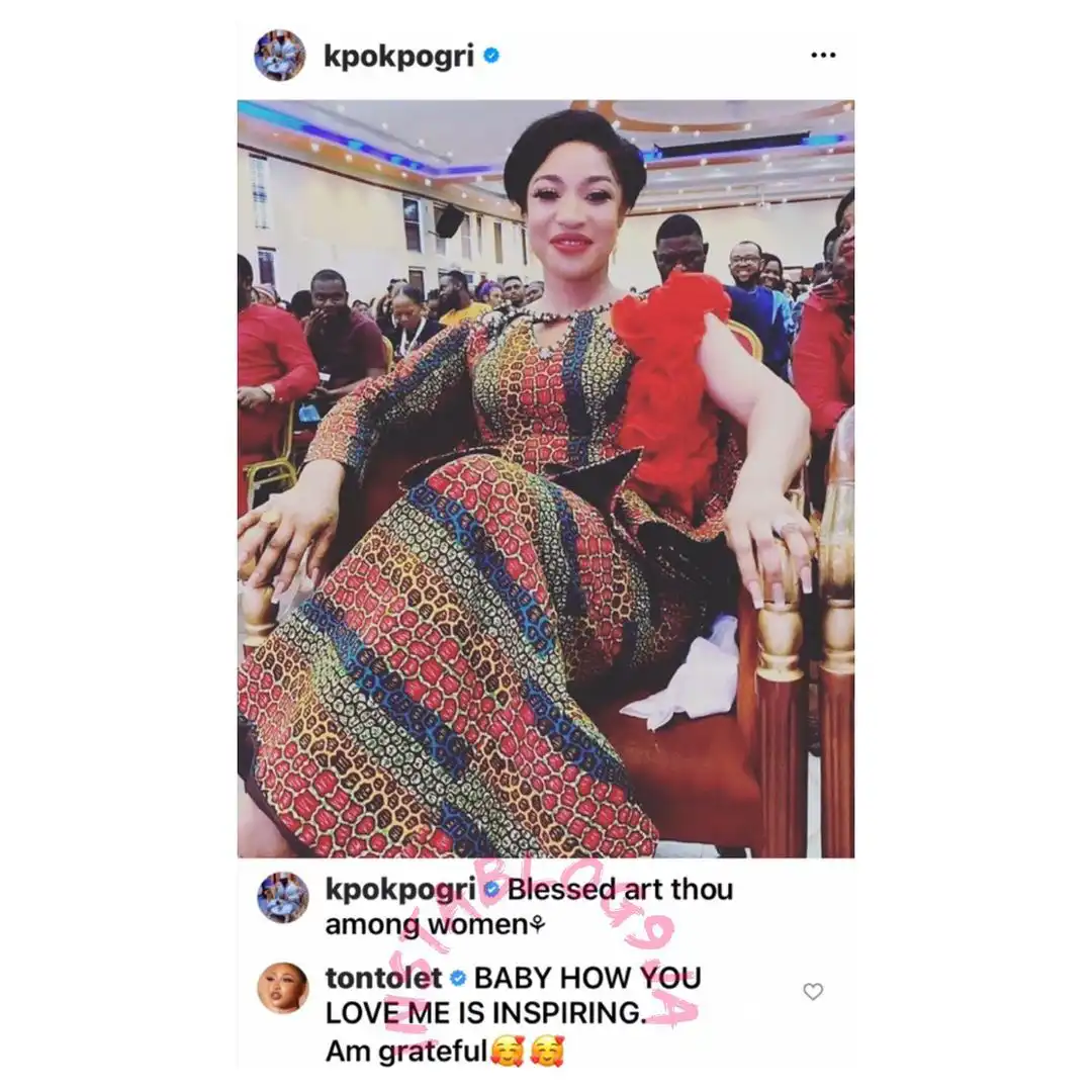 Actress Tonto Dikeh reacts as her boyfriend, Kpokpogri shows her off on social media
