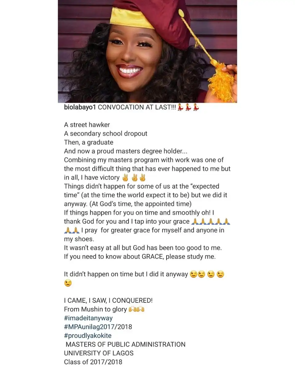 "From street hawker to master's degree holder" - Actress Abiola Adebayo celebrates her new milestone