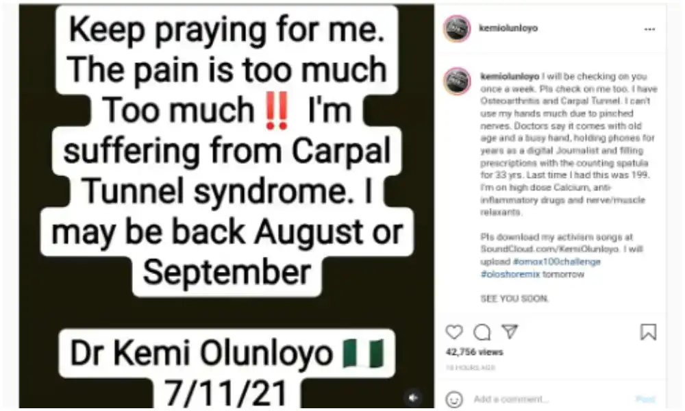 "I can't use my hands" - Kemi Olunloyo cries out as she suffers from carpal tunnel syndrome