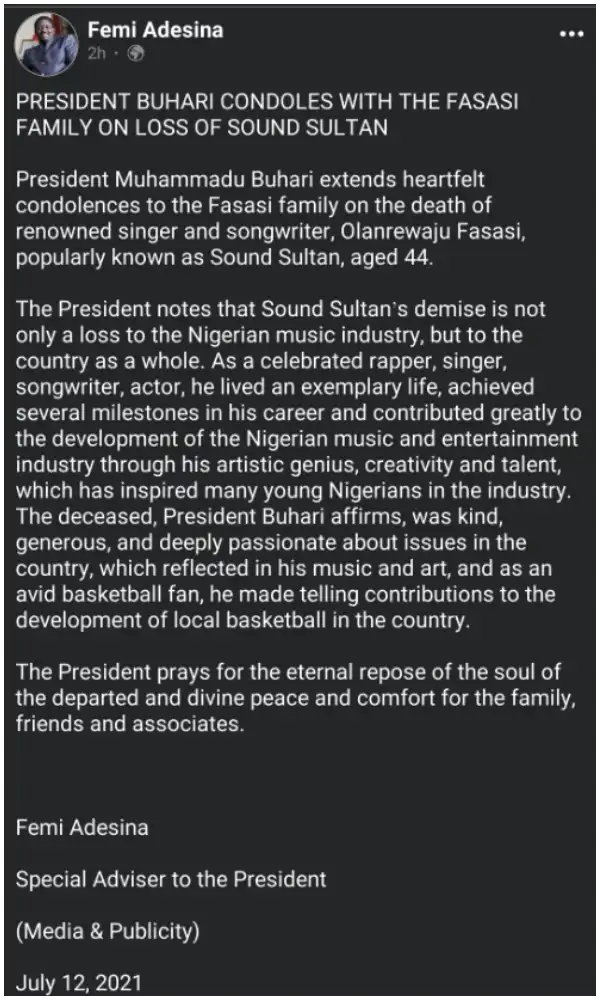 President Buhari pens emotional tribute to mourn late musician, Sound Sultan