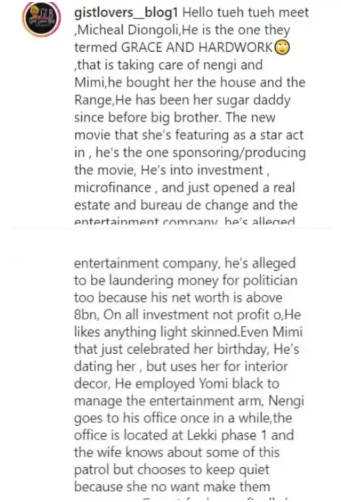 Busted: Identity of BBNaija's Nengi alleged sugar daddy revealed (Screenshot)