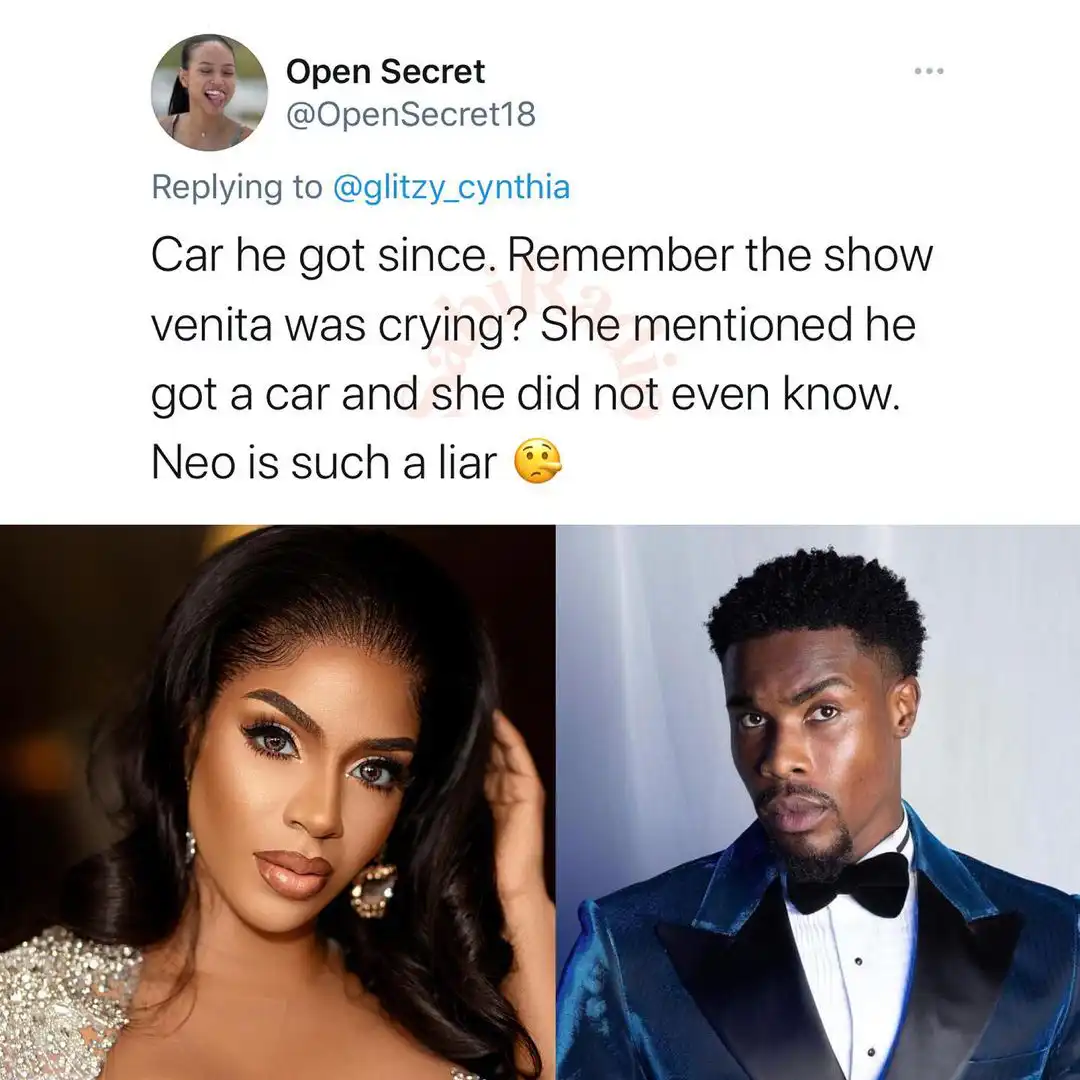 Drama as BBNaija's Venita likes a tweet claiming Neo lied about his new car
