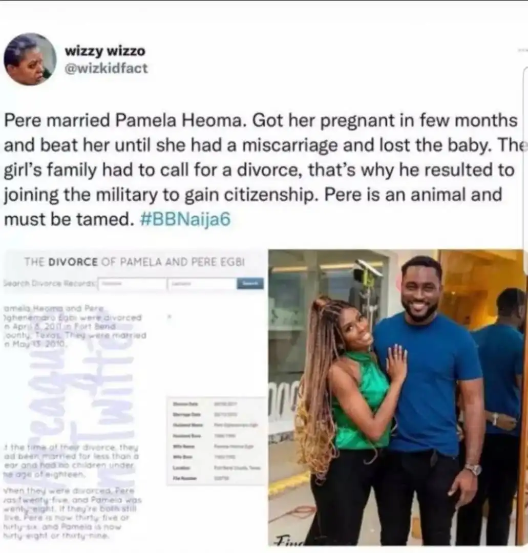 #BBNaija: How Pere allegedly assaulted his ex-wife, joined Military to gain citizenship in US - Twitter User