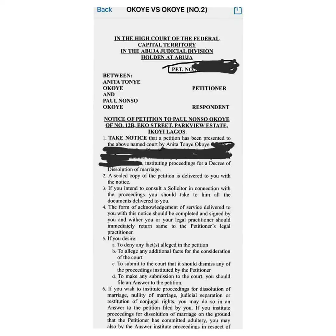 Anita Okoye files for divorce from Singer, Paul Okoye (See Leaked Divorce Paper)