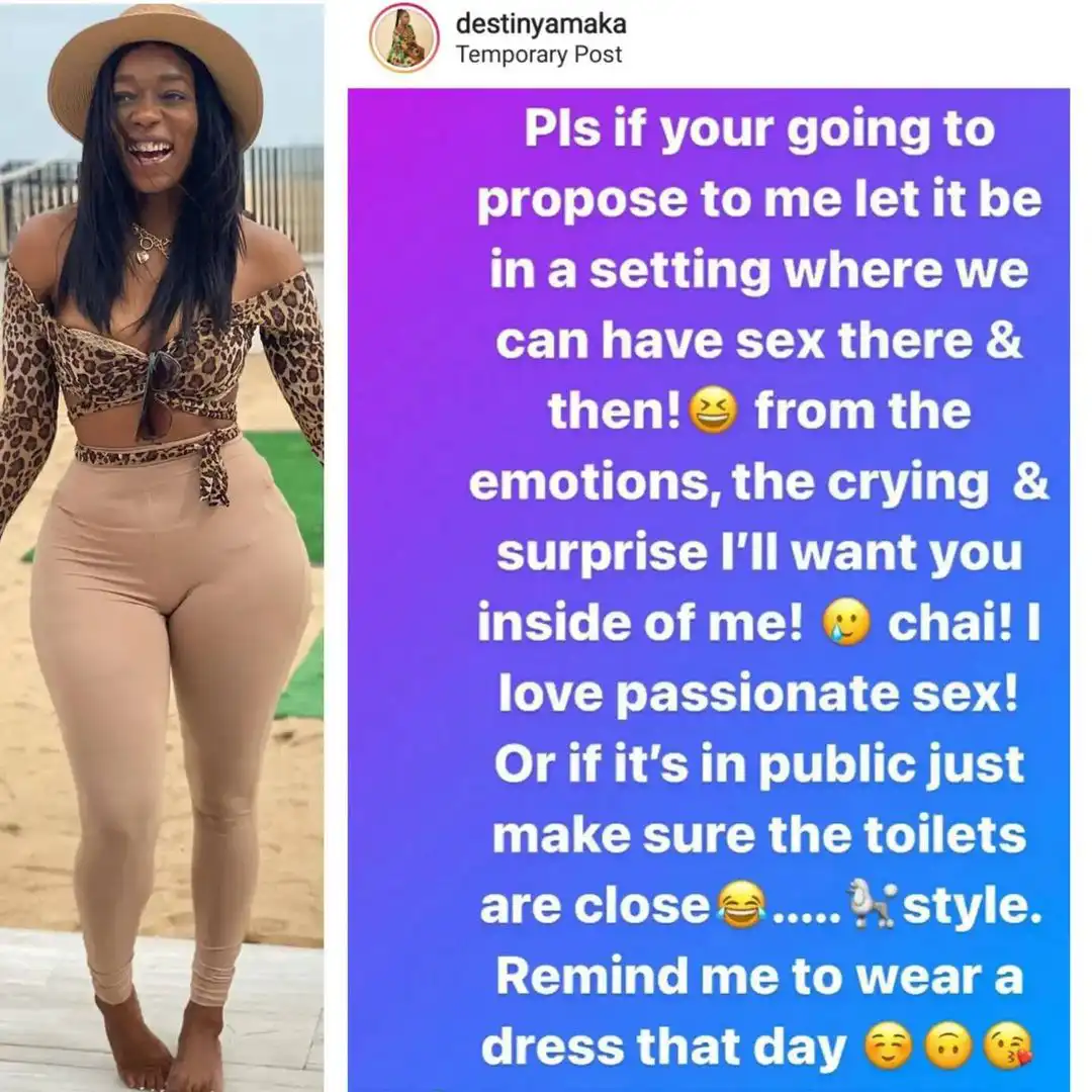 Propose to me in a setting where we can have s*x - OAP Destiny Amaka writes future hubby