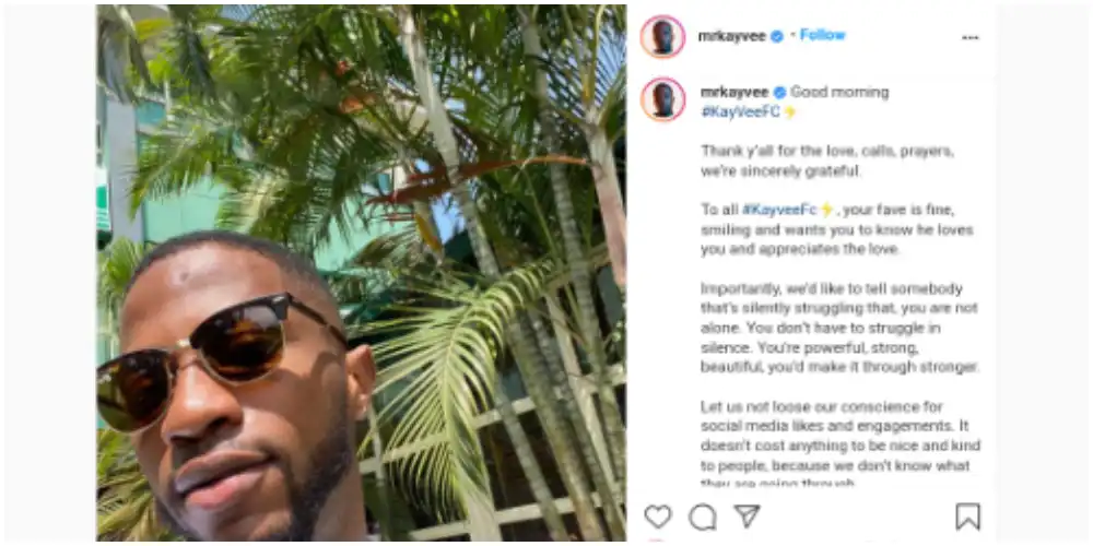 #BBNaija: KayVee gets verified on IG as handler gives update on his health