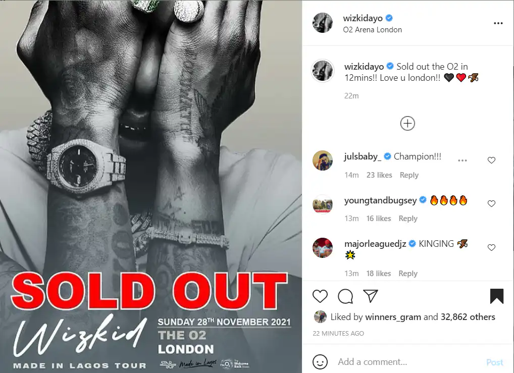 Sold out the O2 in 12mins - Wizkid Brags about Selling out the Famous O2 Arena for the Third Time