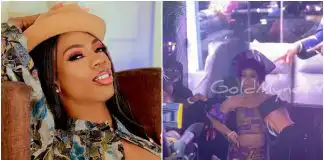 Cross-dresser James Brown shows up in purple at Toyin Abraham’s movie premiere (Video)