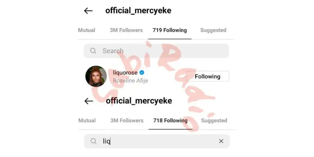 Mercy Eke unfollows Liquorose on Instagram after she followed Nengi (Screenshot)