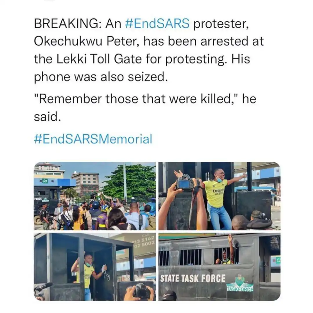 BREAKING: #EndSars protester, Okechukwu Peter arrested at the Lekki Toll Gate (Photos)
