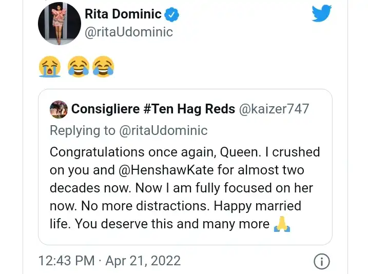 Rita Dominic Replies A Fan Who Revealed He Has Been Crushing On Her For 2 Decades And Now She’s Taken