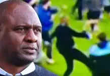 Watch moment Crystal Palace manager, Patrick Vieira kicks Everton fan during pitch invasion (Video)