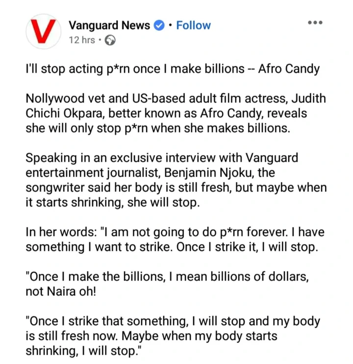 I Will Stop Acting Porn Once I Make Billions — Nigerian Lady, Afro Candy