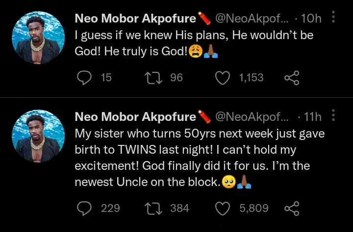 I fear oo, this kin miracle still dey happen? – Reactions as Neo Akpofure glorifies God as his 50 years old sister, deliver twins 1 Screenshot 20220508 214746.png