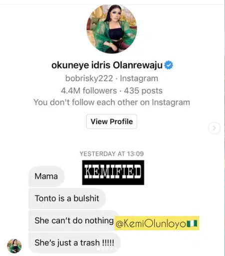 "She is just a trash" - Good Samaritan Bobrisky reaches out to Kemi Olunloyo, gives full support amidst saga with Tonto Dikeh
