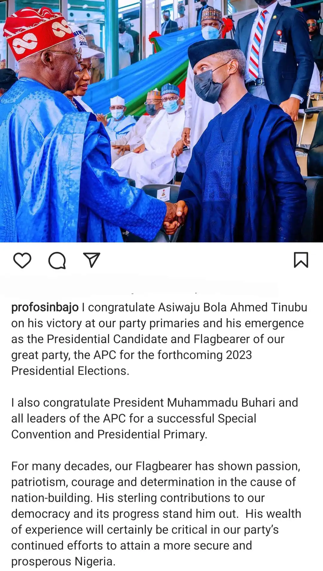 Dolapo Osinbajo hails her husband Yemi Osinbajo after he congratulated Tinubu on becoming the APC flagbearer