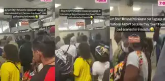 Pandemonium as airport staff refuse to release passengers’ luggage in protest over unpaid salary (Video)
