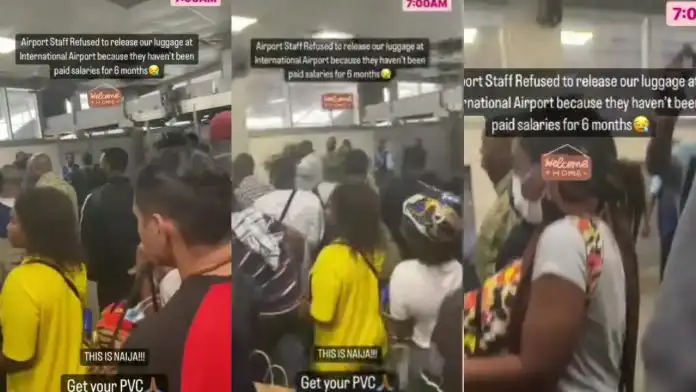 Pandemonium as airport staff refuse to release passengers’ luggage in protest over unpaid salary (Video)