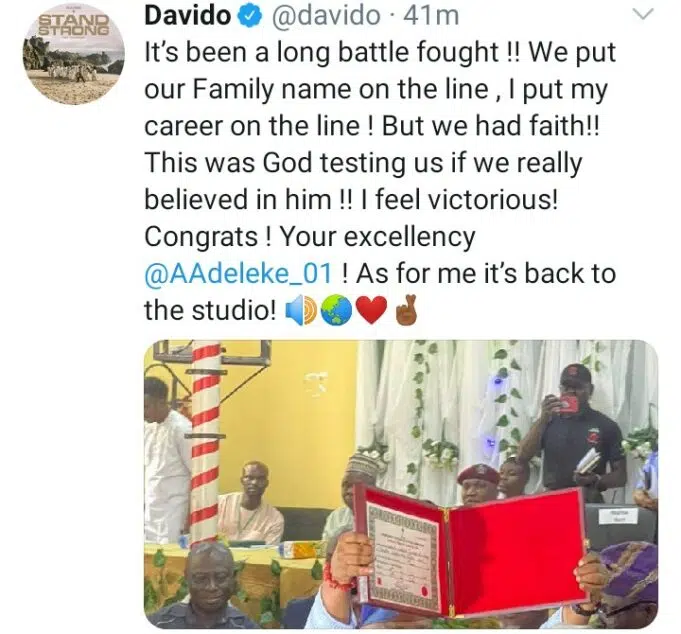 Davido congratulates uncle, Ademola Adeleke, as INEC issues his Certificate of Return