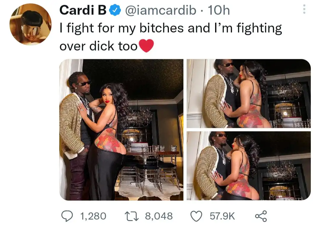 "I fight for my bitches, and over dick too" - Cardi B reveals what she fights for as she poses with Offset in revealing dress that leaves her entire bum hanging out
