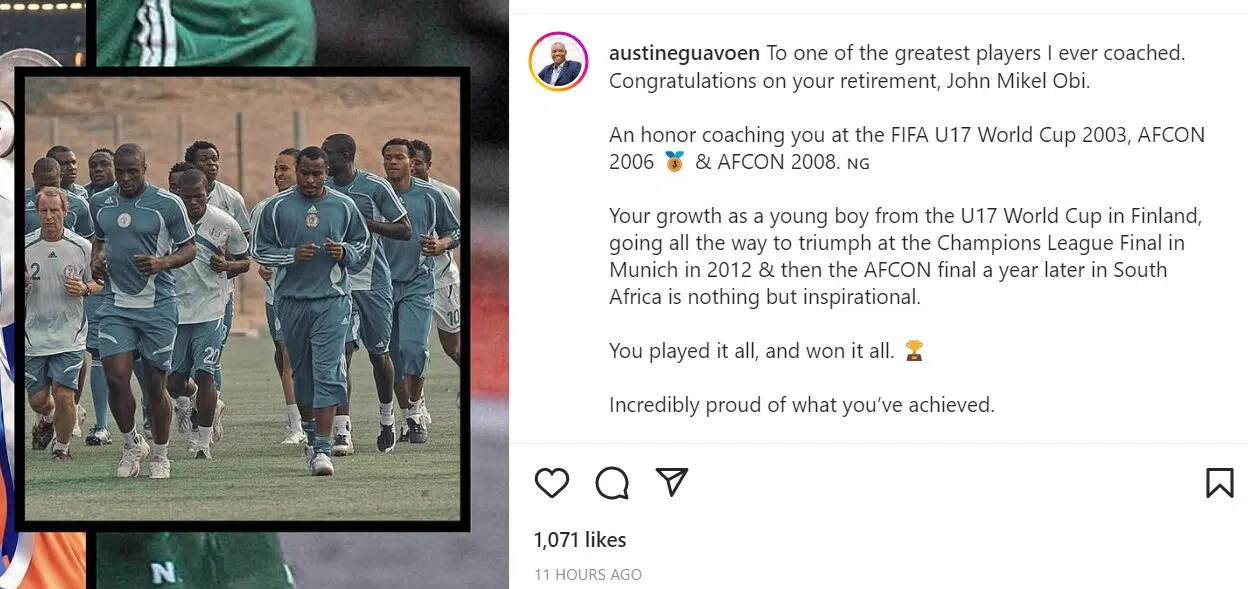 You are one of the greatest players I ever coached Eguavoen congratulates Mikel on his retirement from professional football 1.jpg