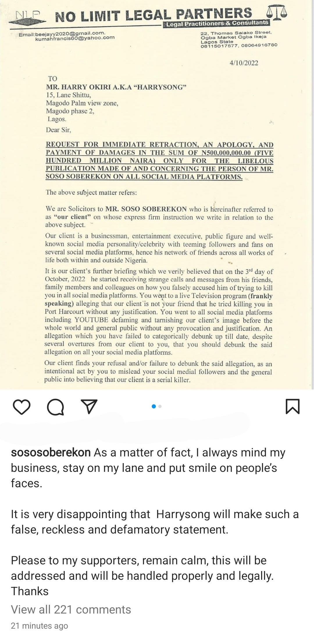Soso Soberekon demands Harry Song retracts statement and pay N500,000,000 following murder allegation 2 633c5ed0988b7