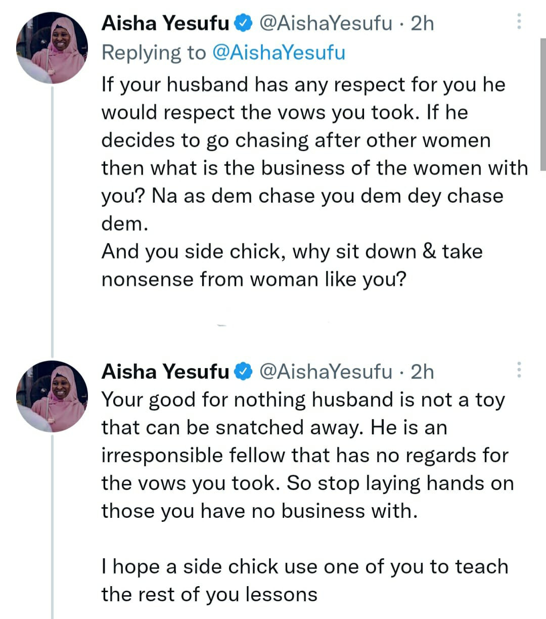 I hope a side chick uses one of you to teach the rest of you lessons - Activist Aisha Yesufu slams married women who attack their husbands side chics and share videos online 2 633c99154b044