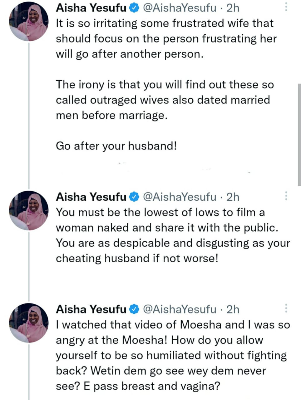 I hope a side chick uses one of you to teach the rest of you lessons - Activist Aisha Yesufu slams married women who attack their husbands side chics and share videos online 3 633c9926afd96