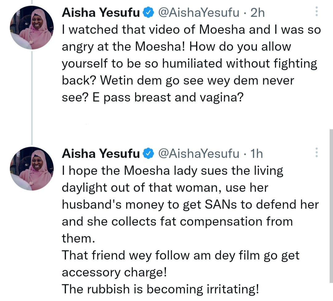 I hope a side chick uses one of you to teach the rest of you lessons - Activist Aisha Yesufu slams married women who attack their husbands side chics and share videos online 5 633c993971a75