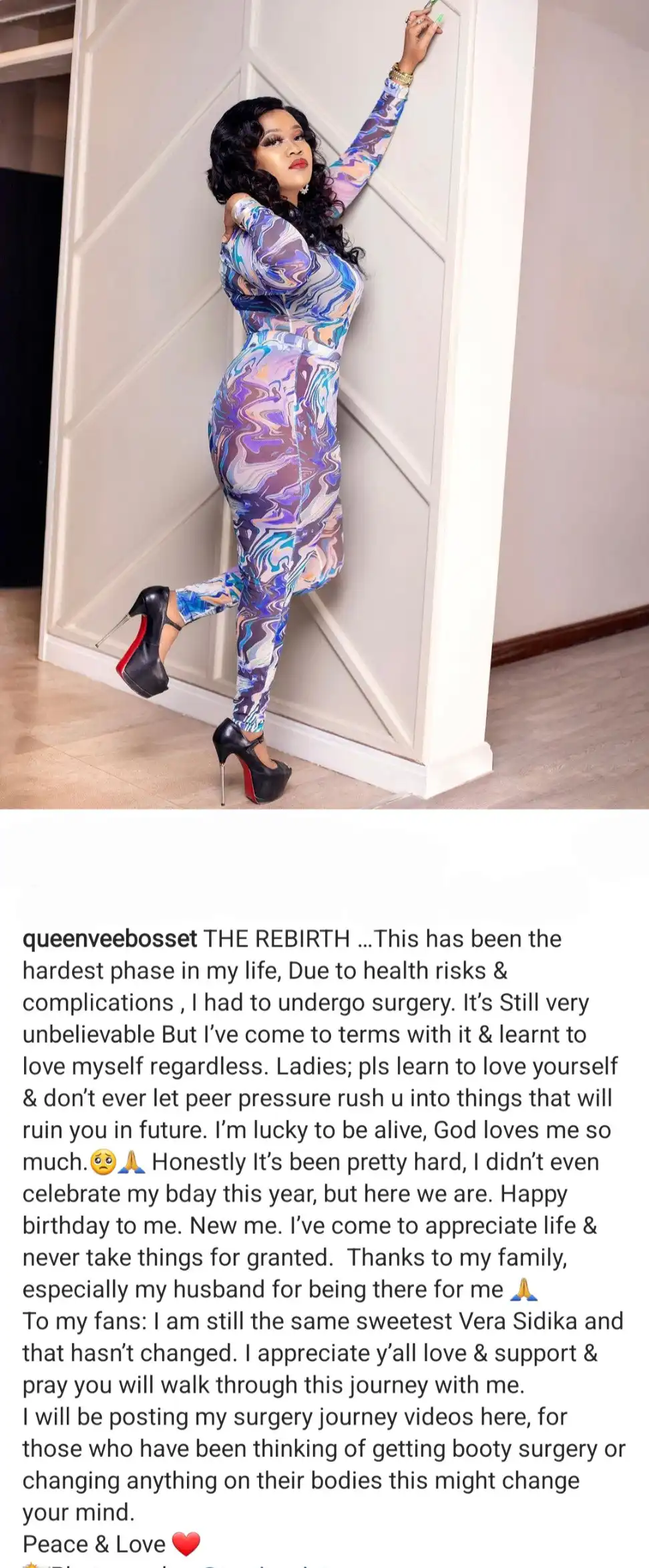 "Ladies, love yourself and don't let peer pressure rush you into things that will ruin you in future" Vera Sidika warns following successful surgery