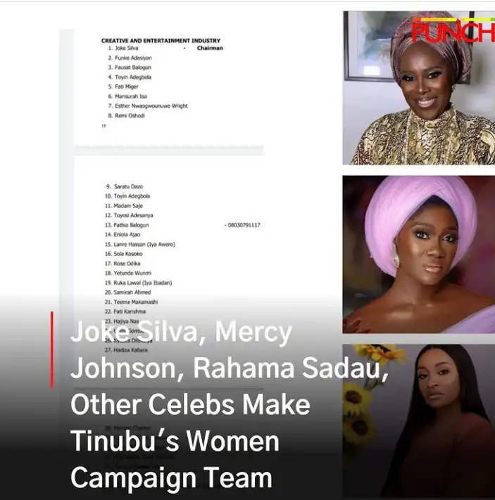 Joke Silva Mercy Johnson top list of Tinubus Women Campaign Team Kemi Filani blog