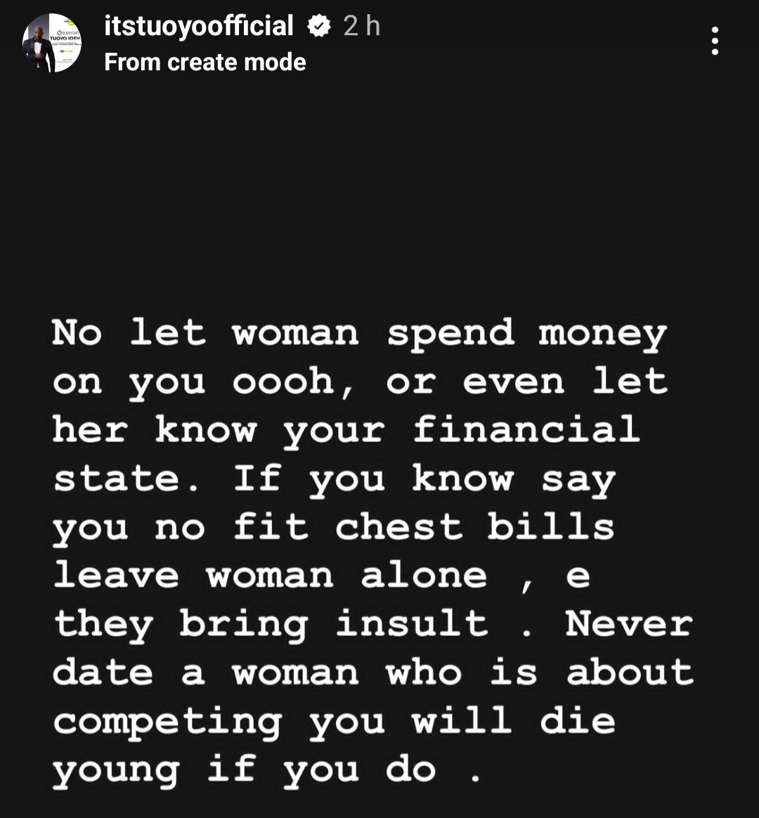 "Never date a woman who is about competing" – Tuoyo shares powerful advice with men