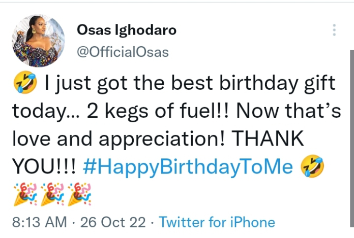 Osas Ighodaro receives 2 kegs of fuel as birthday gift
