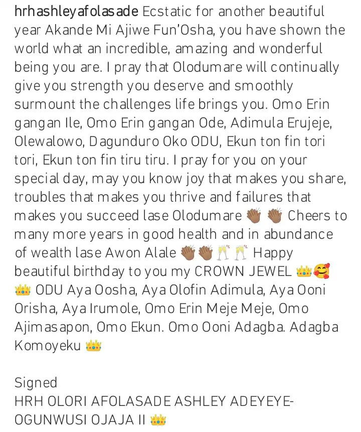Queen Ashley pens tribute to the Ooni as he clocks 48 Kemi Filani blog