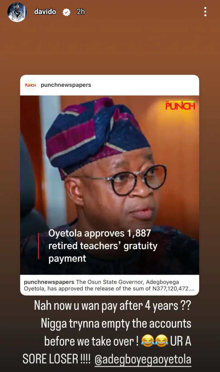 "You are a sore loser" – Davido mocks Governor Gboyega Oyetola
